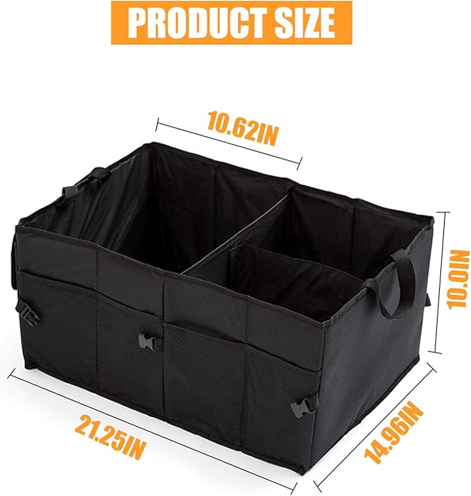 50L Car Trunk Organizers with Handle - Oxford Car Storage Box, Multi Compartment Foldable Trunk Organizer for SUV, Auto, Truck, Black
