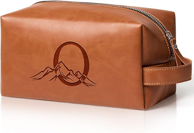 Personalized Gifts Travel Toiletry Bag for Men Engraved Initial PU Leather Waterproof Shaving Bag for Toiletries Accessories Fathers Day Birthday Gift for Men Dad Husband Son, Light Brown O