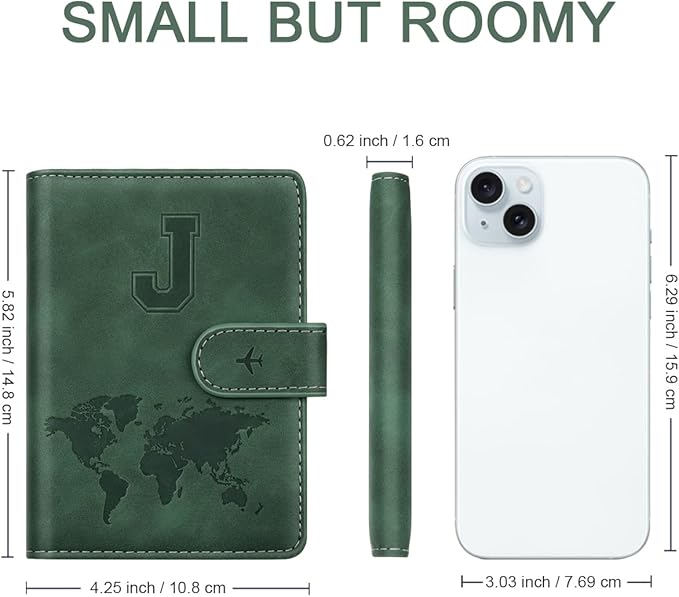 Personalized J Passport Holder Cover Initial Letter Travel Wallet RFID Blocking Passport Cover Credit Card Holder Case Passport Book Holders for Women and Men, Pine Green-J