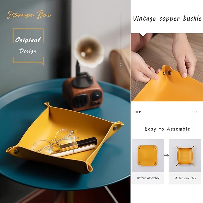 Valet Tray, Leather Tray, Small Catchall Tray, Foldable Jewelry Travel Organizer, Suitable for Travel, Storage, Nightstand, Home or Office (Yellow-S)