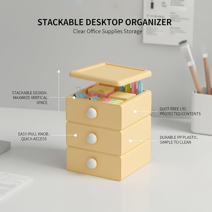 Stackable Desktop Storage Box with Lid, PP Plastic Organizer Bin for Office Desk Clutter, Space Saving File & Supply Container