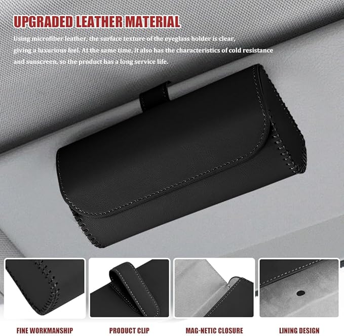 Sunglasses Holder for Car Sun Visor, Leather Auto Eyeglasses Storage Case with Hidden Magnetic Closure, Universal Protective Glasses Organizer Box, Visor Accessories for Woman Man (Black)