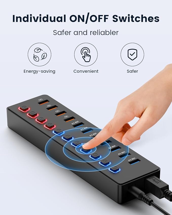Powered USB hub,USB hub，11-Port hub Splitter (7 USB 3.0 Data Transfer Ports + 4 Smart Charging Port), Independent Switch (with LED Working Indicator) USB 3.0 Hub Powered with Power Adapter for Mac/PC