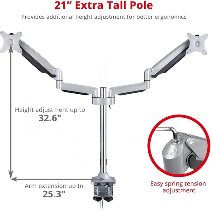 SIIG Dual Monitor Stand for 13" to 32", Premium Desk Mount with USB and Audio Ports, Height Adjustable, Tilt and Swivel, Max VESA 100x100mm, C-Clamp, Each Arm Holds 19.8 lbs (CE-MT2X11-S1)