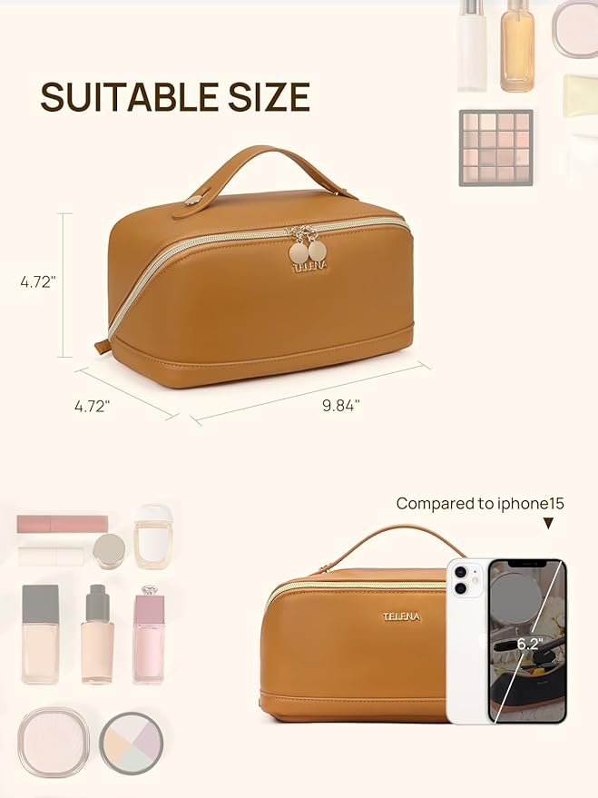 Telena Leather Make Up Bag Portable Travel Makeup Bag Waterproof Cosmetic Bags for Women Large Capacity With Handle and Divider Open Lay Flat