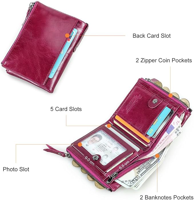 CONTACTS Soft Leather Wallet for Women Small Bifold Coin Purse Double Zipper Card Holder with RFID Blocking (Purplish Red)