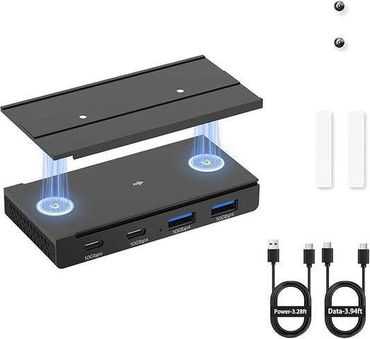 EJAY 10Gbps Magnetic USB-C Hub, 4-Port USB 3.2 Gen2 Aluminum Splitter, Desk Mounted with Extra Long 47" Cable, Anti-Slip Under Desk Hub for MacBook, Surface, Dell, Black