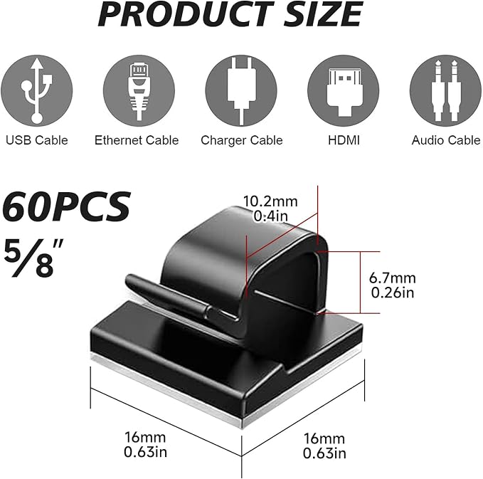 5/8 in Adhesive Cable Clips, 60pcs Outdoor Light Clips, Cord Clips, Sturdy Wire Clips, Finisher Wire Clamp for Home, Car, Office Wire Management Clips (Black, 5/8"-60PCS)