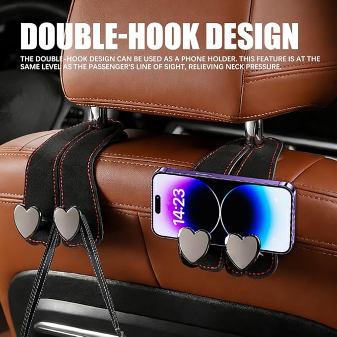 2PCS Car Seat Hooks, Car Back Seat Headrest Hooks, Suede Heart-Shaped Double Hooks Headrest Organizer, Auto Accessories Heavy-Duty Multi-Functional Back Seat Phone Holder for Most Vehicles