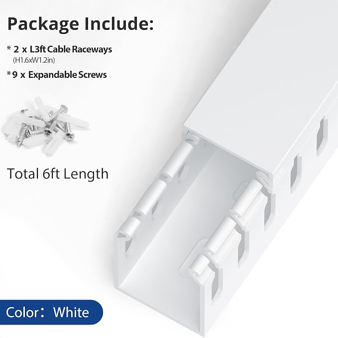 ZhiYo H1.6in W1.2in Professional Server Rack Cable Management Raceway, 6ft (2 x L3ft) Cable Raceway Kit, Electrically Safe PVC Open Slot Wire Raceway for Under Desk/Computer/Network Cords, White