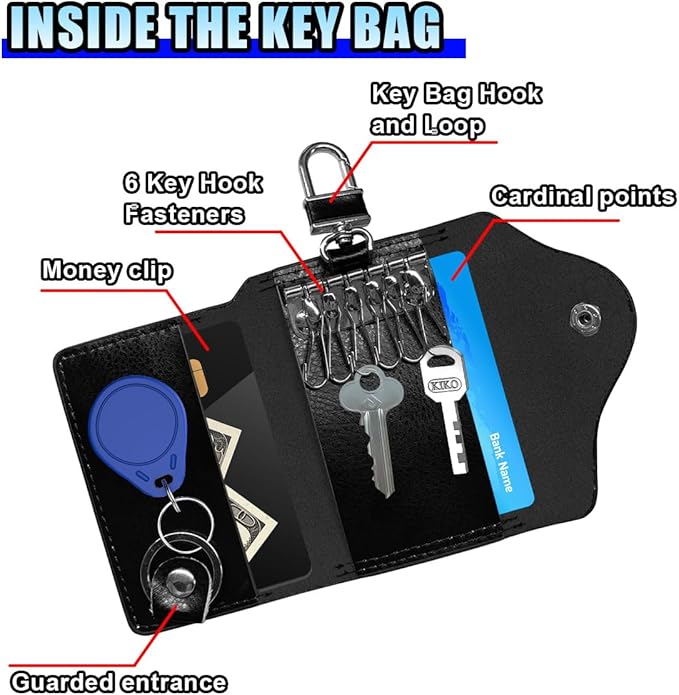 Leather Car Key Case Holder, Remote Key Fob Case with Keychain & Snap Closure – Universal Smart Keys Pouch for Men Women, Coin Holder Protection Bag with Metal Hook (Black)