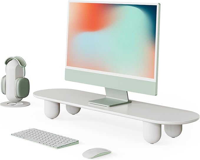 Fenge Monitor Riser, 34 Inch Dual Monitor Stand for Large Monitors, Desk Organizer with Wooden Shelf & Solid Wood Legs, Computer Stand for Laptop, TV, PC, Printer, White