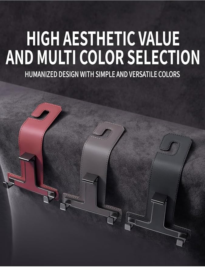Car Hooks for Headrest, Multifunctional Luxurious Leather and Magnesium Alloy Car Seat Back Hook & Mobile Phone Holder, Double Headrest Hanger Storage Hook for Purses, Handbags (Red)