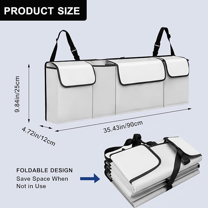 Car Trunk Organizer – Backseat Hanging Large Storage Bag with Adjustable Straps, Waterproof Collapsible Cargo Organizer with 4 Pockets, Space-Saving Trunk Storage for SUV Truck MPV (White)