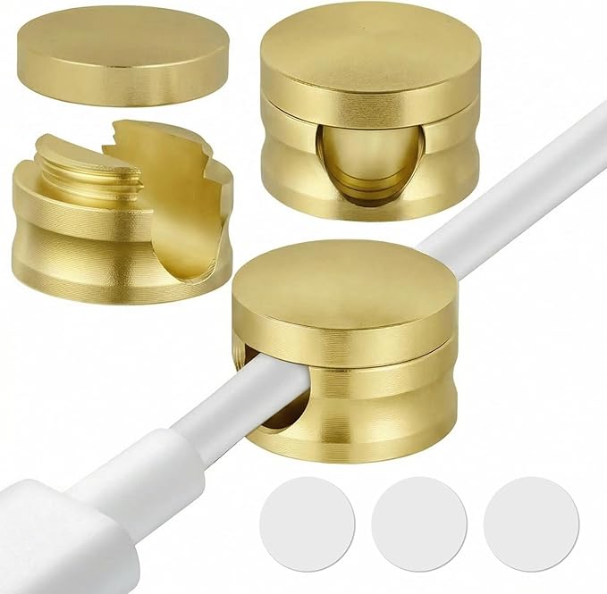 3 Pack Upgraded Cord Management Clips with Extra-Large Adhesive Base, Stronger Hold Phone Charger Holder for Nightstand, Premium Aluminum Gold Sticky USB Wire Organizer Cable Clips for Desk