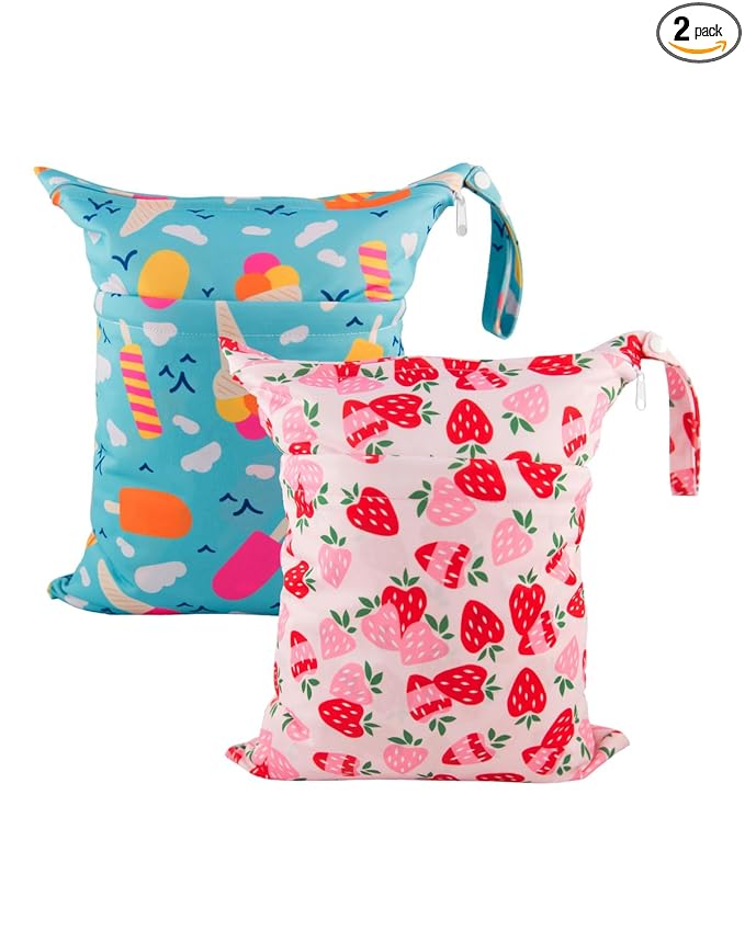 babygoal Wet Dry Bags for Baby Cloth Diapers, Washable Travel Bags, Beach, Pool, Gym Bag for Swimsuits & Wet Clothes with Two Zippered Pockets 2 Pack LN02