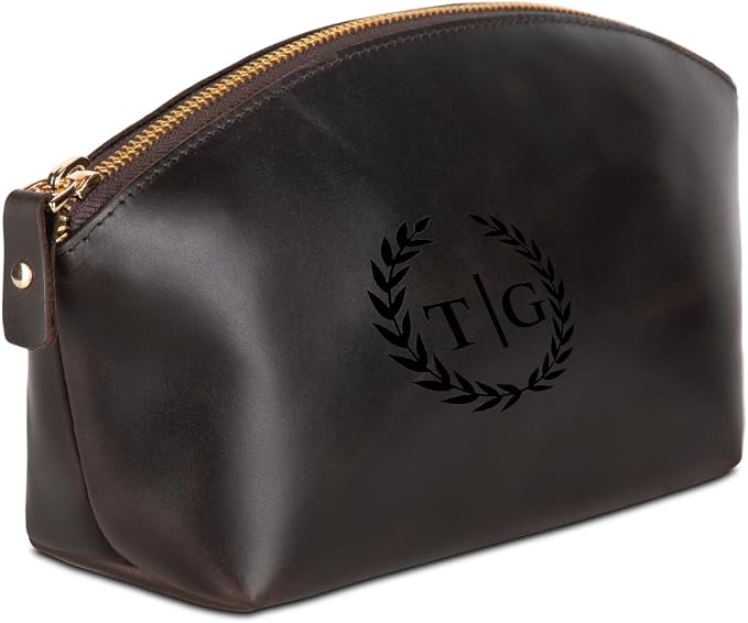 Blade Premium Personalized Genuine Leather Cosmetic Makeup Bag - Wedding Gift for Bridesmaid, Travel Organizer Clutch for Women with Zipper Pouch for Toiletry Essentials (Avanza Chestnut)