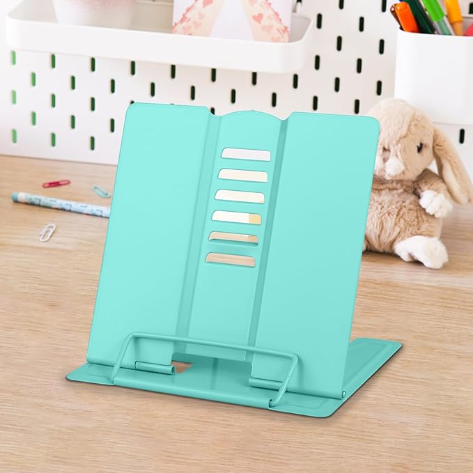Honagu Metal Desk Book Stand for Reading Hands Free, Adjustable, Portable for Documents, Cookbooks, Music Books, Tablets, IPads (Light Green)