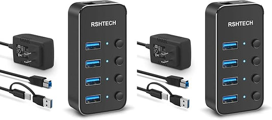 RSHTECH 4 Port Powered USB 3.0/USB C Hub Upgraded Version with 2-in-1 3.3ft USB Cable,5V Power Adapter and Individual Switches, Portable Aluminum USB Splitter for Laptop and PC, RSH-ST04 (Pack of 2)