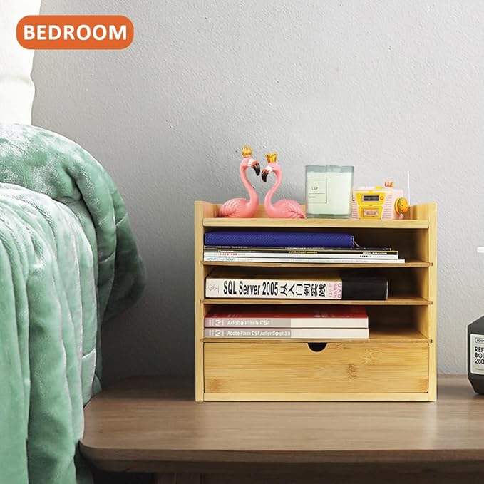 KKTONER 5-Tier Bamboo Desk Organizer with Drawer Tabletop File Organizer Document Holder with Shelf Desktop Cabinet for Home Office School Supplies (Natural)