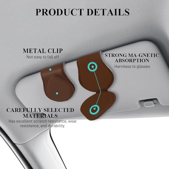 Magnetic Sunglass Holder for Car Visor, Sunglasses Visor Clip, Magnetic Leather Vehicle Glasses Ticket Card Clip, Automotive Eyeglass Hanger Organizer Accessories for Most Vehicles (Brown)
