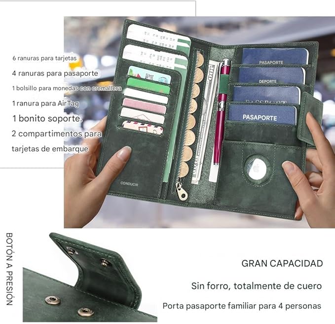 CONTACTS Full Grain Leather RFID Blocking Family Passport Holder for 4 Passport Wallet Compatible with Airtag Travel Passport Cover with 4 Passport Slot, 6 Card Slot (Green)