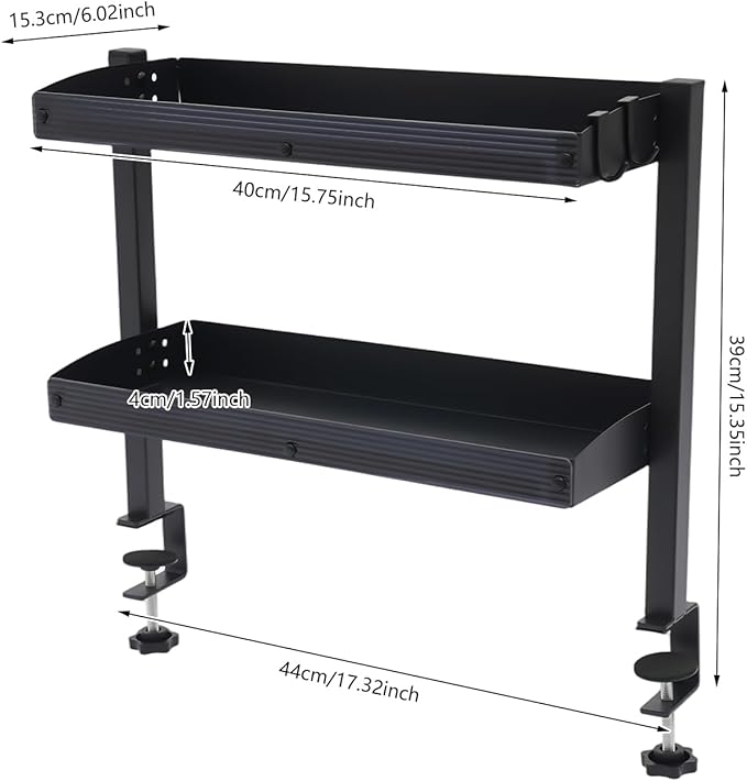 2-Tier Clamp-on Desk Shelving Unit, Adjustable Metal Storage Tray Desk Shelf, Space-Saving Desktop Organizer for Gaming Devices, Office Supplies and Dresser Top Storage, Ideal for Office, Study