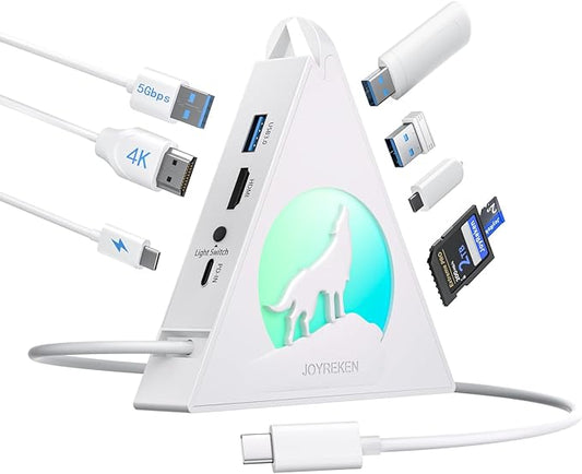 USB C Hub, 8 in 1 USB C Hub Multiport Adapter with 4K HDMI, PD 100W, 5Gbps Type C 3.0, 3xUSB A 3.0, SD/TF Card Reader& RGB Lighting, White Docking Station for MacBook Air/Pro, HP, Laptop, PC(Wolf)