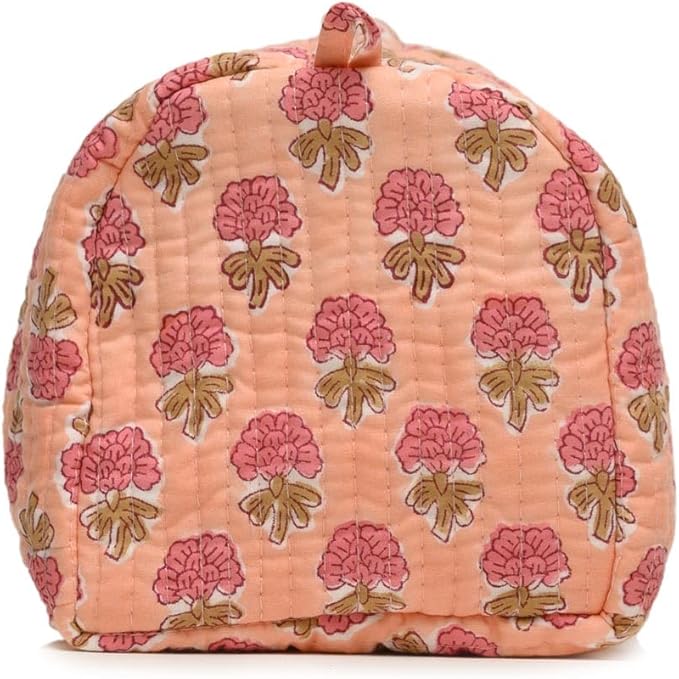 Cotton Hand Block Floral Print Toiletry Bag For Women Make Up Cosmetic Bag Jewelry Organizer Kit Storage Bag Case Travel Accessories Essentials Toiletries Purse Open Pouch, Orange (9.25"x 6.88"x 4.5")