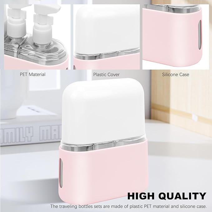 Skycase Travel Bottles - Leak Proof Refillable Tsa Approved Travel Size Toiletries, 3 in 1 Liquid Bottles Containers with Labels and Funnel Airplane Accessories Kits for Lotion Liquid (Pink)