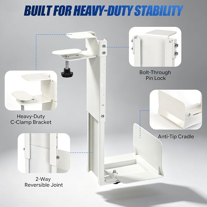 TooCust Adjustable Under Desk PC Mount, Heavy Duty No Drilling Clamp Mount on Desk Fits Most PC Tower 14.5”-22.4” (H) , Thickened & Ultra Strong CPU Holder for Standing Desk & Home Office, White