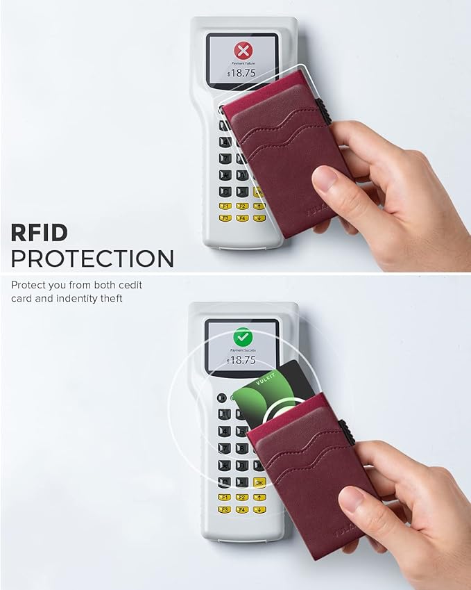 VULKIT Credit Card Holder Minimalist Slim Pop Up Wallet with Leather Slots RFID Blocking for Men and Women Holds 7 Cards and Notes Wine