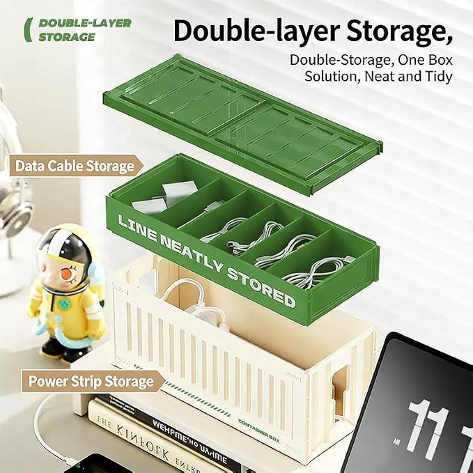 Cable Management Box with Shipping Container Design, Tall Cord Organizer for Desk and Floor, Large HIPS Wire Hider for Power Strip and Surge Protector, Green