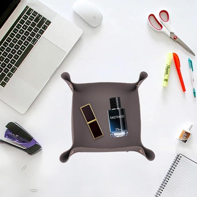 2PC Leather Valet Tray Organizer, Desk Organizer Tray Or Candy Holder, Practical Storage Tool for Travel, Home Or Office (Grey, Large+Extra Large)
