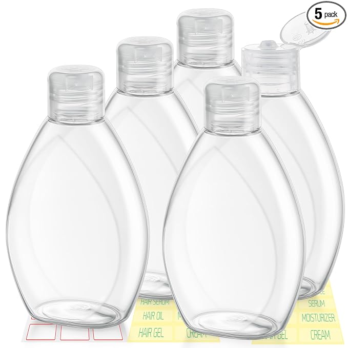 Travel Shampoo and Conditioner Bottles 6.9oz 5 Pack Leak Proof Plastic Squeeze Bottles with Flip Cap Refillable Toiletry Bottle Empty Containers for Shampoo Conditioner Body Wash(Clear)