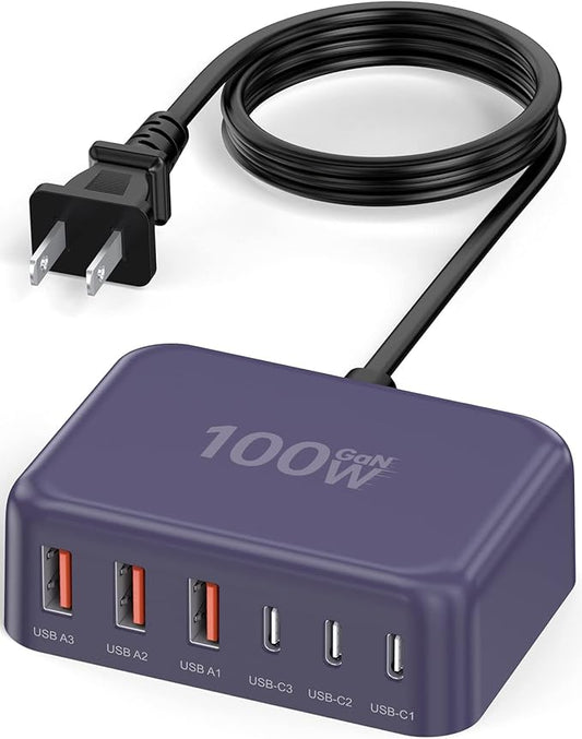 6 in 1 USB Charger, 50% Smaller Charging Station for Multiple Devices, 100W Fast Charging Blocks with Type C Ports, USB Charging Hub Organizer Multiport Power Strip for iPhone, Ipad, Kindle, Travel