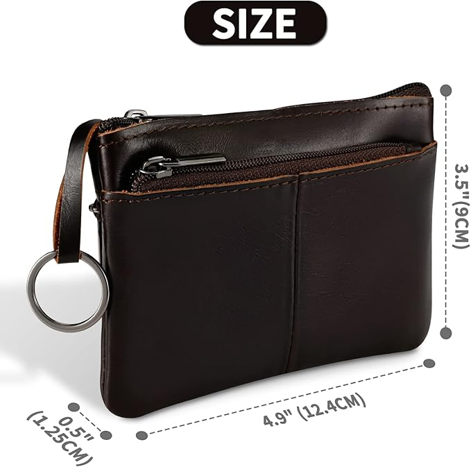 Dark Brown Genuine Leather Multi-Functional Wallet - Compact Card Holder, Coin Purse & Key Organizer with 3 Zippers, Built-in Key Ring, Perfect for Travel, Work & Daily Use