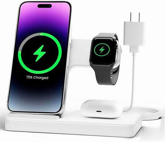 Wireless Charger Stand Charging Station: 3 in 1 Charger Stand Multiple Devices for Apple - iPhone 17 16e 16 15 14 Pro Max 13 12 - Watch 11 10 9 8 7 6 5 4 3 2 SE and Ultra Series-Airpods 4 3 Pro, White