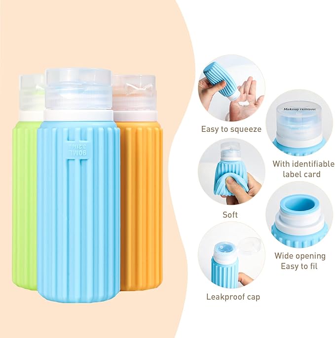HEYMKGO 5 Pack Travel Bottles Set - 3 Leak Proof Silicone Squeezable Containers for Toiletries,2 Pump Bottles, Conditioner, Shampoo, Face & Body Wash Accessories