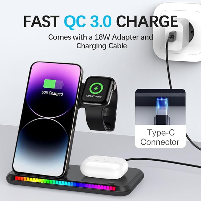IHAO 3in1 Multifunctional Foldable Wireless Charging Station with LED Ambient Night Light Fast QC3.0 Charger for Phone, iWatch, Headphone Space-Saving Auto-Shutoff & Overcharge Protection-Black