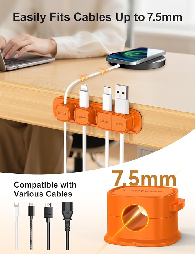 6 Pack Magnetic Cable Clips [1s Open/Lock], Laitver Cord Organizer Holder Strong Adhesive Desk Cable Management- Organize Charging Cords Neatly for Home, Office, Car,Desk, Nightstand-Orange
