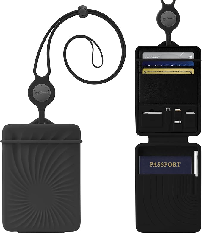 BONE Lanyard Passport Holder, Passport Cover with Travel Gadget Set & Card Slots, Duel-Sided Passport Wallet with Leather & Premium Silicone (Black - Lanyard)
