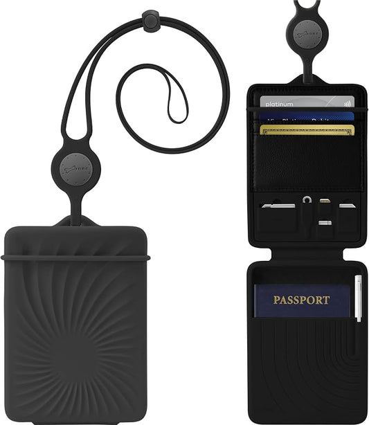 BONE Lanyard Passport Holder, Passport Cover with Travel Gadget Set & Card Slots, Duel-Sided Passport Wallet with Leather & Premium Silicone (Black - Lanyard)