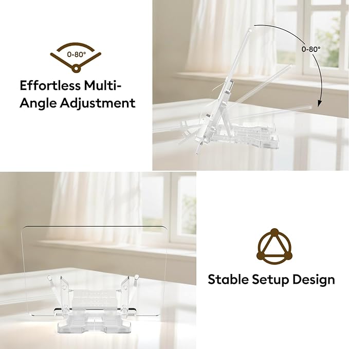 Beswishy Cookbook Stand,Folding Music Stand, Book Display Stand,Acrylic Book Stand,Paper Holder Stand for Desk,Book Opener Holder,Clear Desktop Easel,Clipboard Stand