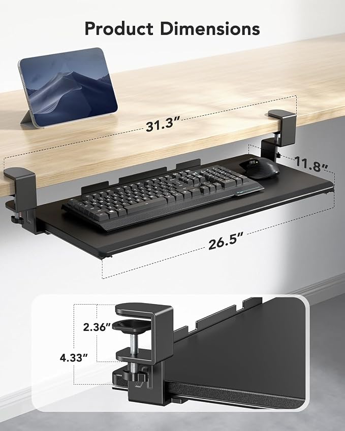 HUANUO Keyboard Tray Under Desk, Keyboard Holder with C-Clamp Hardware, 26.5″ W x 11.8″ D Slide Out Computer Keyboard & Mouse Tray for Home Office, Black, HNKB12B, Large