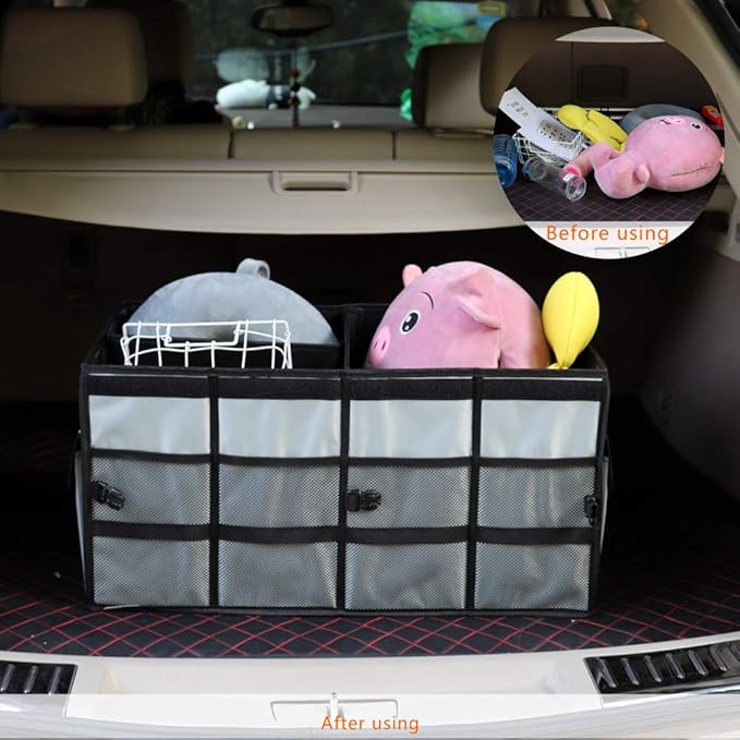 Car Trunk Organizer Collapsible Portable Multi Compartments Organizer with Non Slip Straps for SUV Truck Auto Vehicle Car Auto Minivan (Large without cover, Space gray)