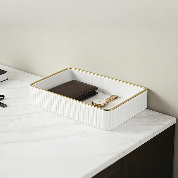 PU Leather Valet Tray,Desk Organizer Tray Nightstand Organizer Trinket Dish Storage Key Bowl Decorative Trays for Phone Wallet Jewelry Watch,Bathroom Bedroom Perfume Vanity Trays,Cream White