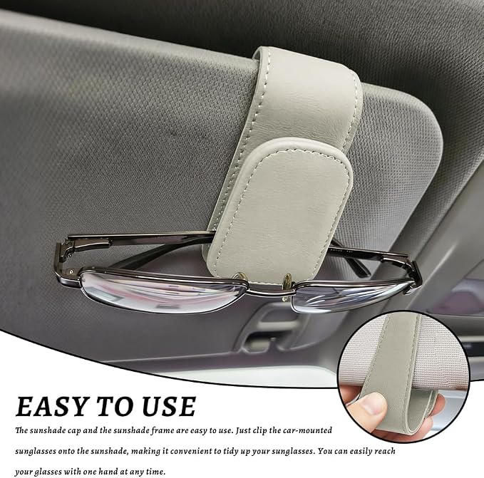 Sunglass Holder for Car, Car Sunglass Holder, Magnetic Leather Sunglasses Holder and Ticket Card Clip, Auto Multi-Functional Sun Visor Eyeglass Holders for SUV Pickup Truck (Light Beige)