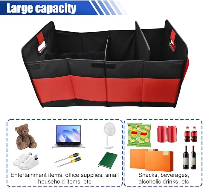Car Trunk Organizer, Large Capacity Oxford Cloth Car Storage Box, Collapsible Multi-Compartment Organization Container, Waterproof Auto Interior Storage Accessories (Red)