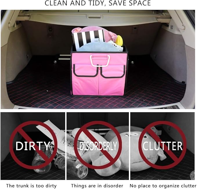 Car Trunk Organizer Collapsible Portable Multi Compartments Organizer with Non Slip Straps for SUV Truck Auto Vehicle Car Auto Minivan(Small without cover, Pink)